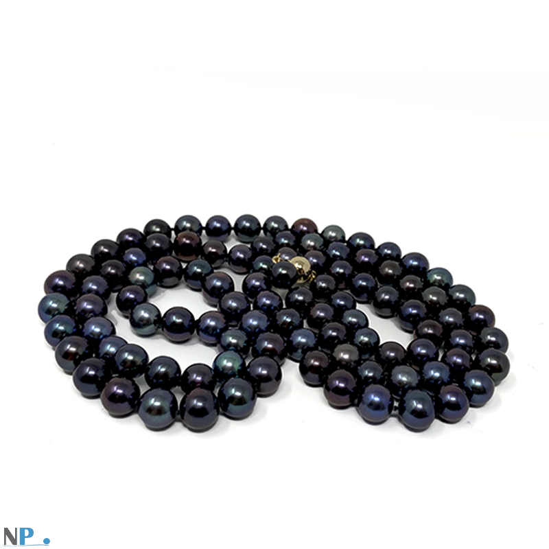 Collier de 90 cm en perles noires, perles de culture d'eau douce, qualité AA+ ou AAA, avec fermoir de securite Or 18k